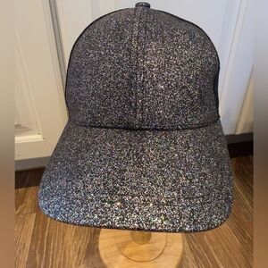 Silver Glittery snap back hat black trim and mesh